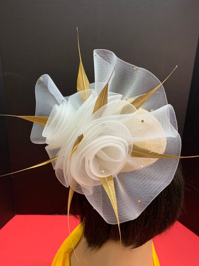Rene - Gold Feather Fascinator: Swarovski Crystal & Crinoline Derby Hat