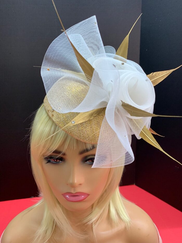 Rene - Gold Feather Fascinator: Swarovski Crystal & Crinoline Derby Hat