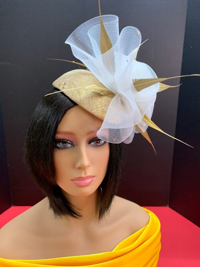 Rene - Gold Feather Fascinator: Swarovski Crystal & Crinoline Derby Hat