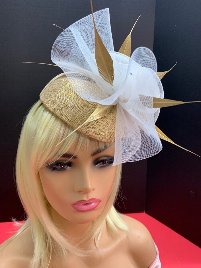 Rene - Gold Feather Fascinator: Swarovski Crystal & Crinoline Derby Hat