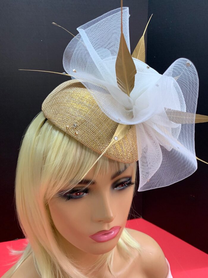 Rene - Gold Feather Fascinator: Swarovski Crystal & Crinoline Derby Hat