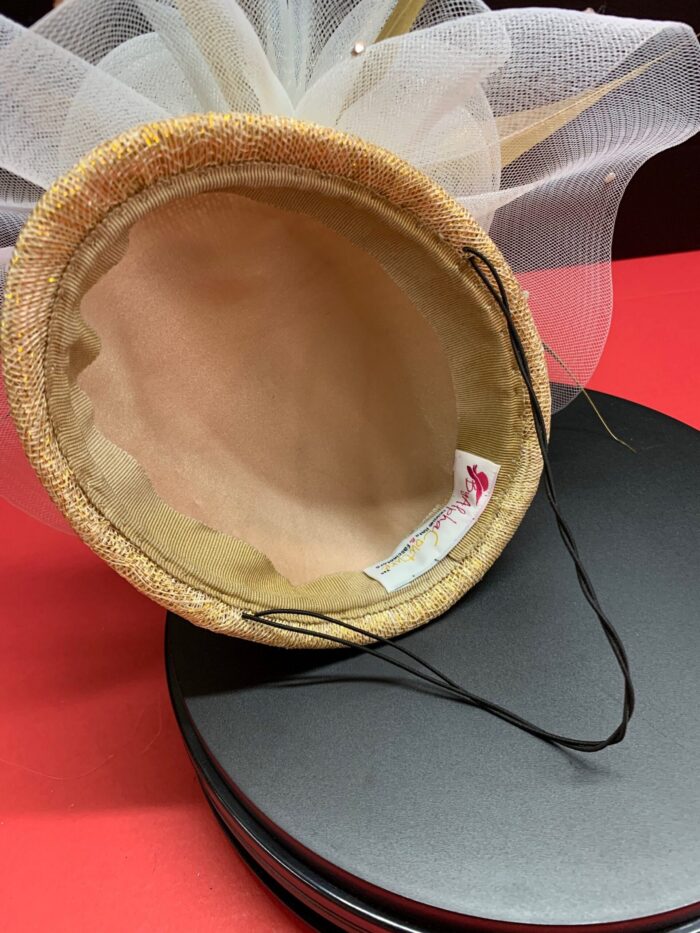 Rene - Gold Feather Fascinator: Swarovski Crystal & Crinoline Derby Hat