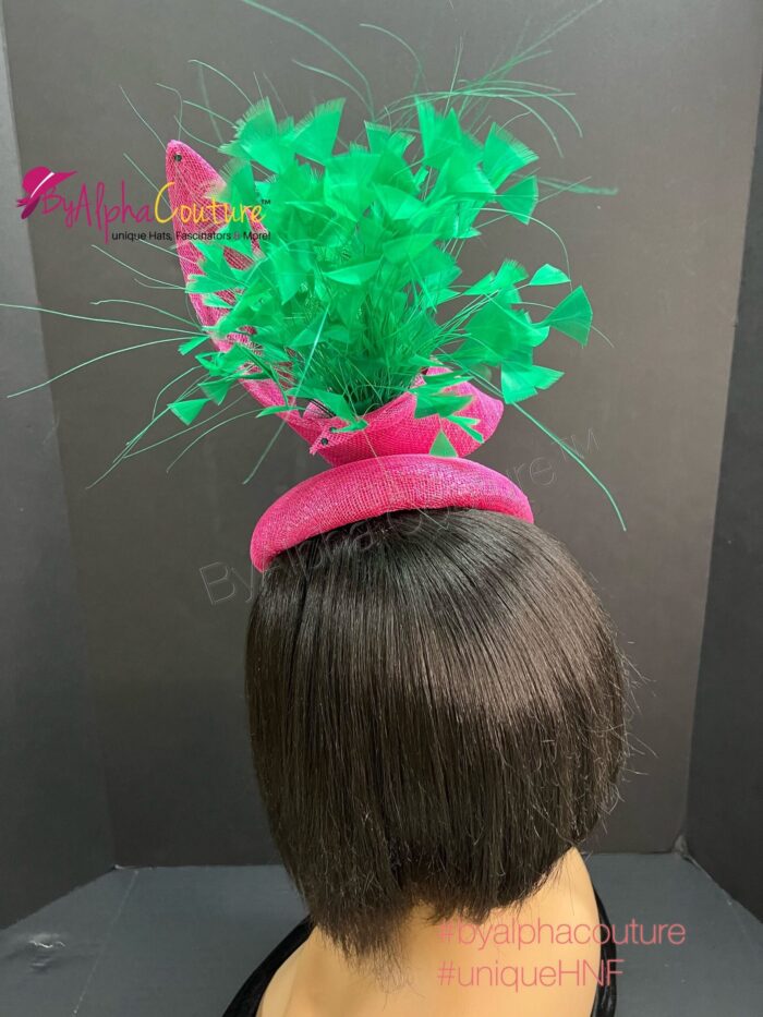 Zylah Bloom - Hot Pink Lily Fascinator: Green Feather Statement Hat - ByAlpha Couture.