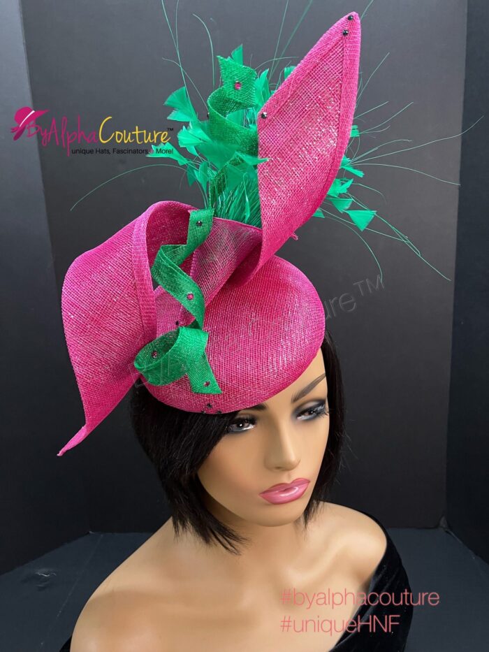 Zylah Bloom - Hot Pink Lily Fascinator: Green Feather Statement Hat - ByAlpha Couture.