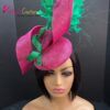 Zylah Bloom - Hot Pink Lily Fascinator: Green Feather Statement Hat - ByAlpha Couture.