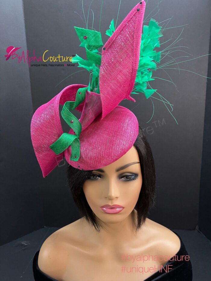 Zylah Bloom - Hot Pink Lily Fascinator: Green Feather Statement Hat - ByAlpha Couture.