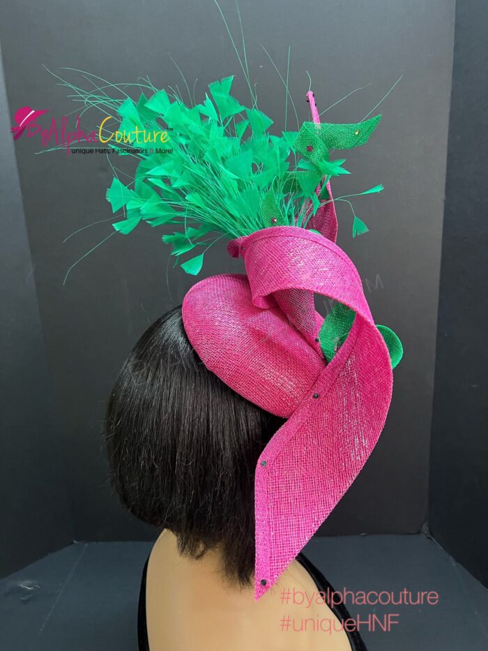 Zylah Bloom - Hot Pink Lily Fascinator: Green Feather Statement Hat - ByAlpha Couture.
