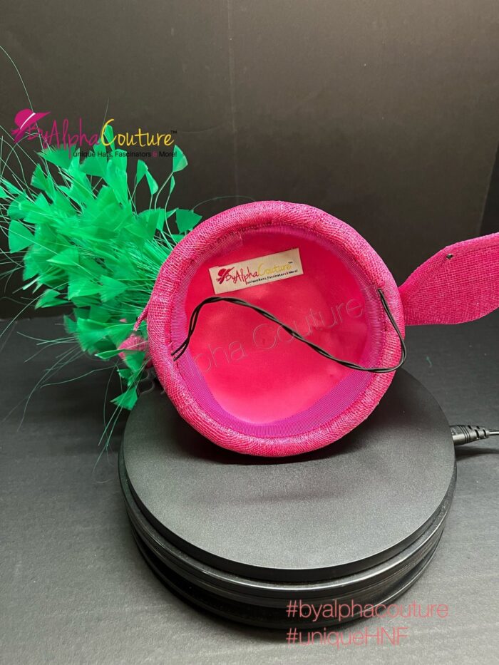 Zylah Bloom - Hot Pink Lily Fascinator: Green Feather Statement Hat - ByAlpha Couture.