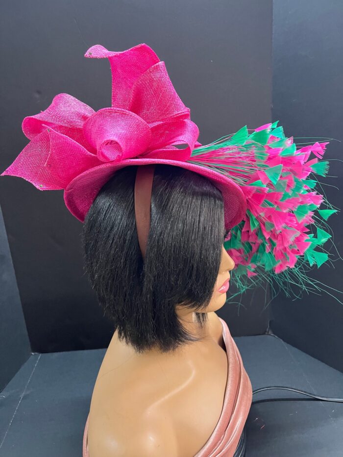 Kentucky Derby "Flamingo Mint" Hatinator: Pink & Emerald Feather Fascinator
