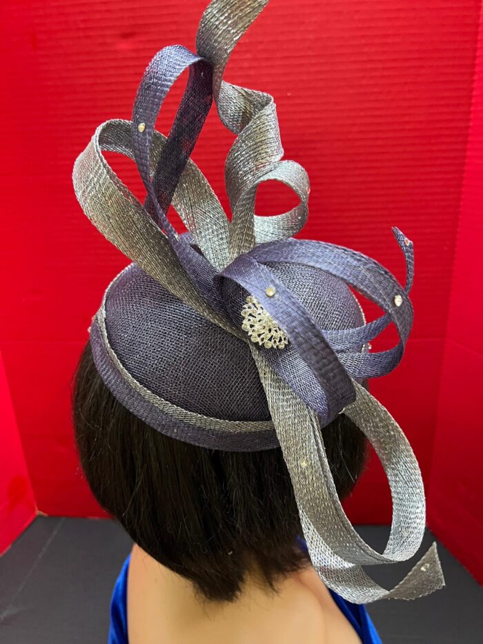 Celestine - Blue Sinamay Fascinator: Sculpted Swirls, Crystal Brooch - Derby Hat