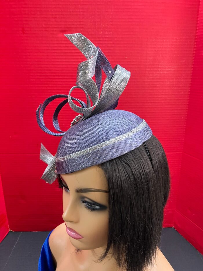 Celestine - Blue Sinamay Fascinator: Sculpted Swirls, Crystal Brooch - Derby Hat