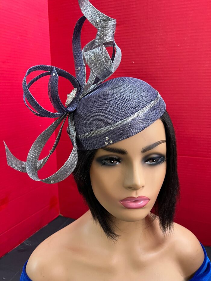 Celestine - Blue Sinamay Fascinator: Sculpted Swirls, Crystal Brooch - Derby Hat