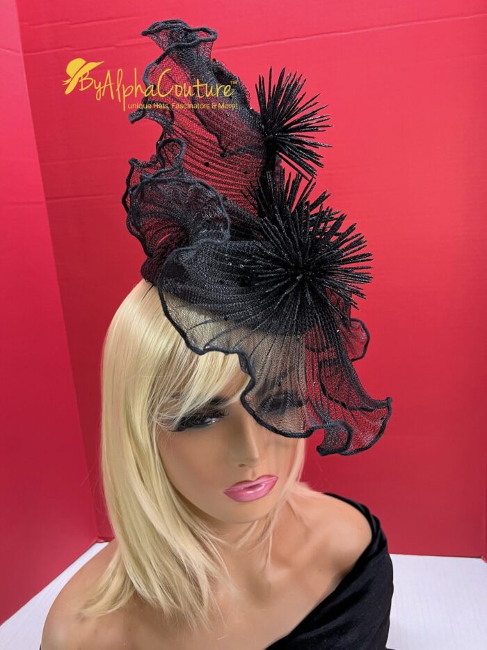 Midnight Whisper Black Crinoline Fascinator: Lace & Swarovski Crystal Couture Headpiece