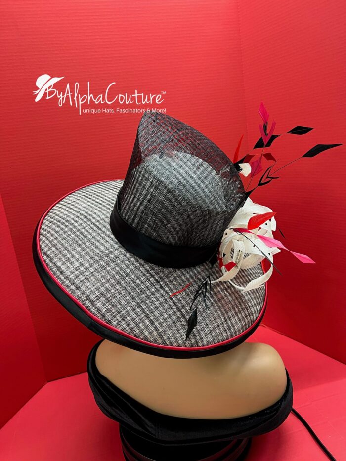 The Sovereign - Couture Double Crown Hat: Black, White Sinamay, Crystal & Feather Accents.