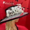 The Sovereign - Couture Double Crown Hat: Black, White Sinamay, Crystal & Feather Accents.