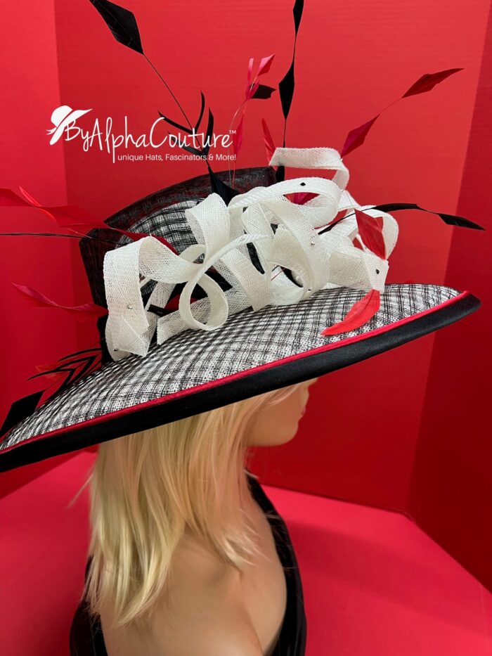 The Sovereign - Couture Double Crown Hat: Black, White Sinamay, Crystal & Feather Accents.
