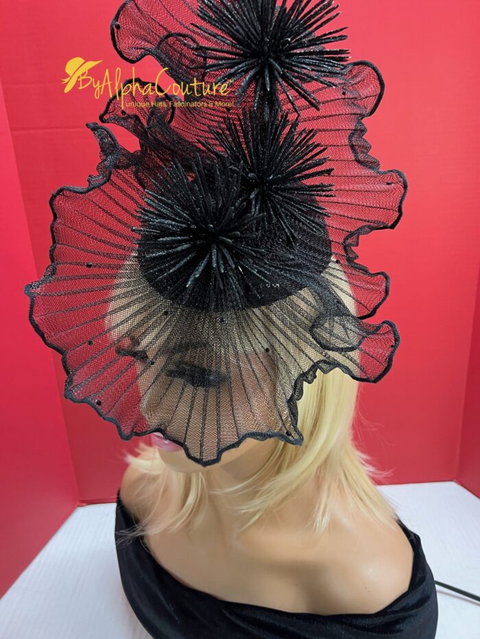 Midnight Whisper Black Crinoline Fascinator: Lace & Swarovski Crystal Couture Headpiece