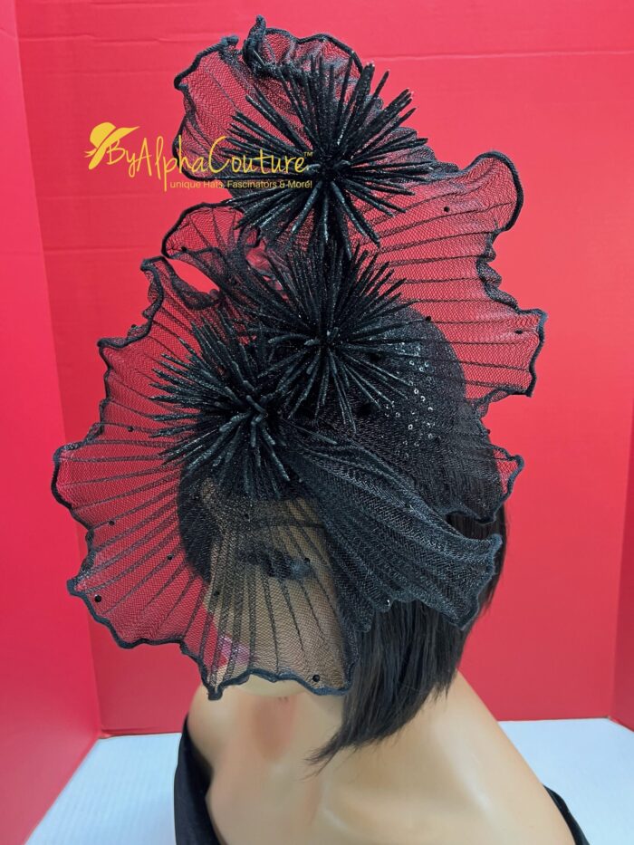 Midnight Whisper Black Crinoline Fascinator: Lace & Swarovski Crystal Couture Headpiece