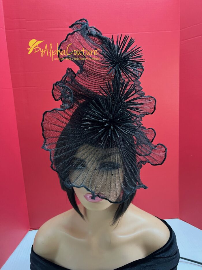 Midnight Whisper Black Crinoline Fascinator: Lace & Swarovski Crystal Couture Headpiece
