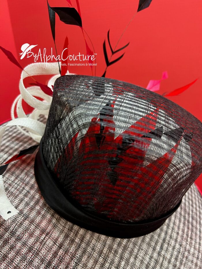 The Sovereign - Couture Double Crown Hat: Black, White Sinamay, Crystal & Feather Accents.