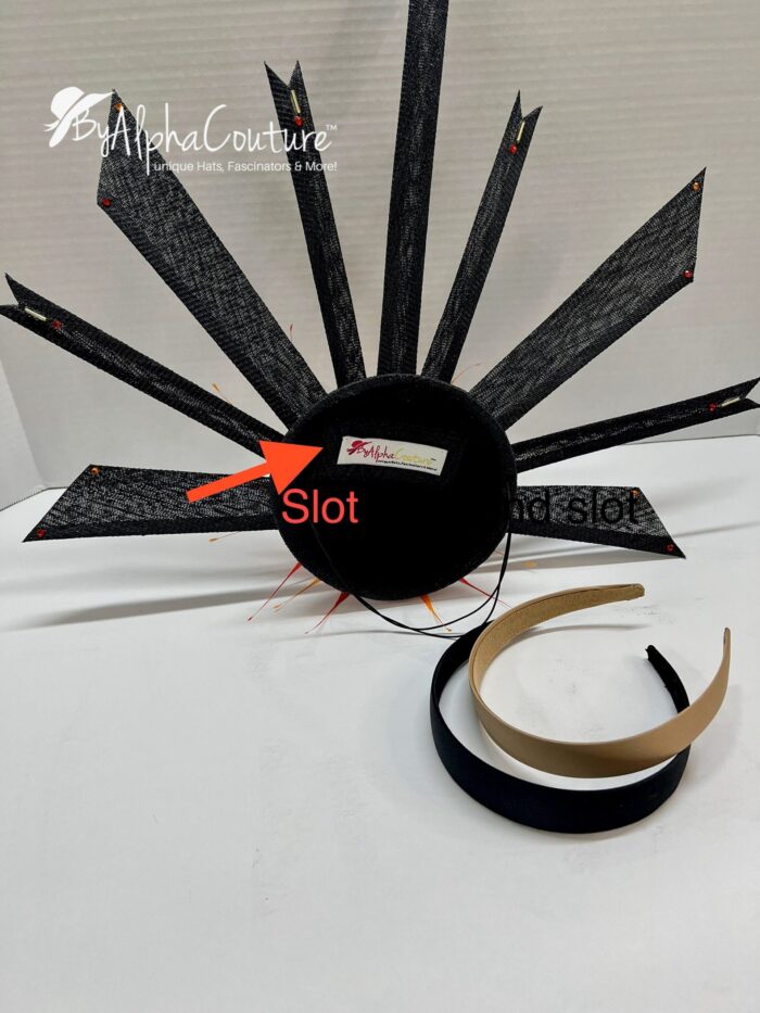 Solar Flare. Black Sinamay Fascinator Orange-Yellow Feather Headpiece - Races, Wedding.