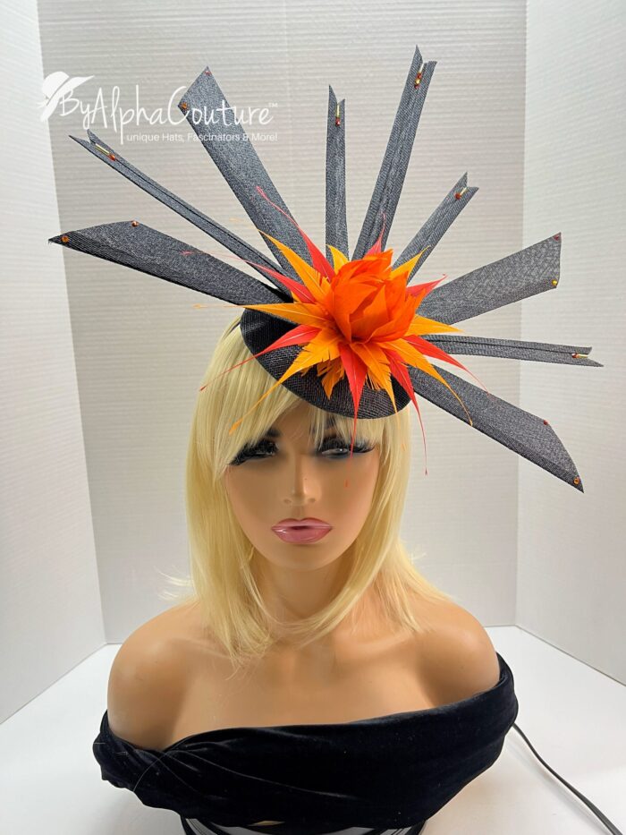Solar Flare. Black Sinamay Fascinator Orange-Yellow Feather Headpiece - Races, Wedding.