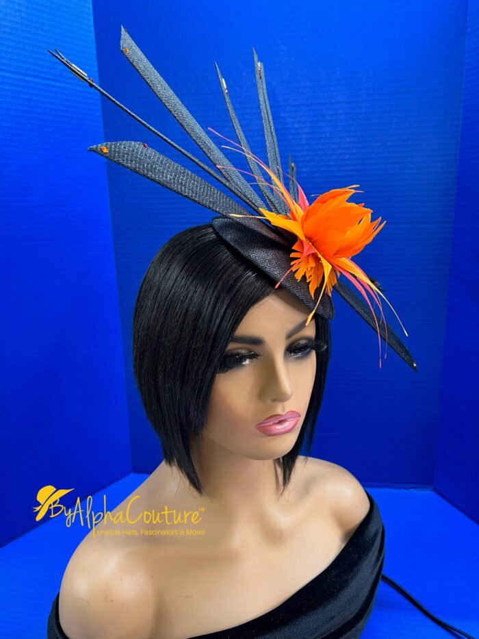 Solar Flare. Black Sinamay Fascinator Orange-Yellow Feather Headpiece - Races, Wedding.