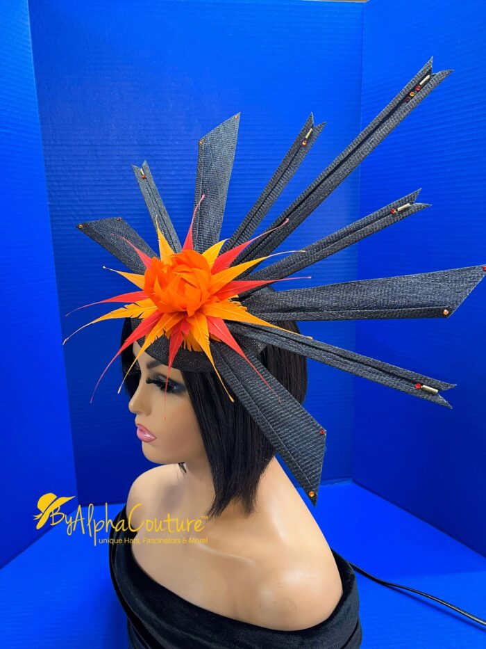 Solar Flare. Black Sinamay Fascinator Orange-Yellow Feather Headpiece - Races, Wedding.