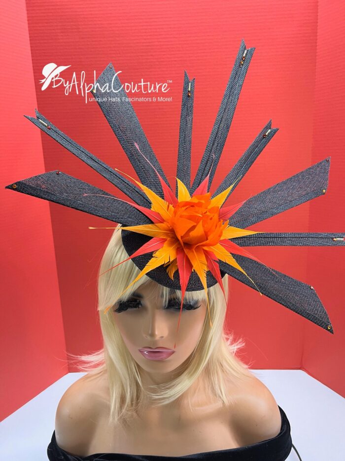 Solar Flare. Black Sinamay Fascinator Orange-Yellow Feather Headpiece - Races, Wedding.
