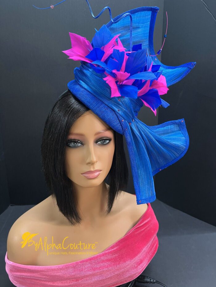 Sculptural Abaca Silk Fascinator: UK Blue & Fuchsia Statement Hat - Cassie