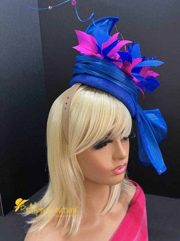 Sculptural Abaca Silk Fascinator: UK Blue & Fuchsia Statement Hat - Cassie