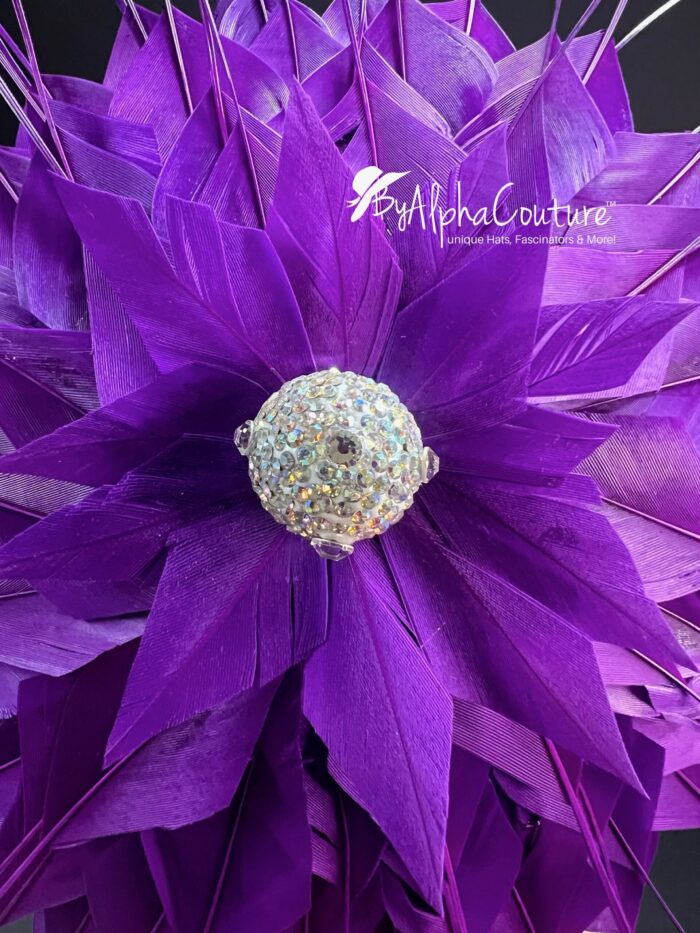 Evelyn - Purple Feather Fascinator: Royal Wedding Percher Hat with Crystal.