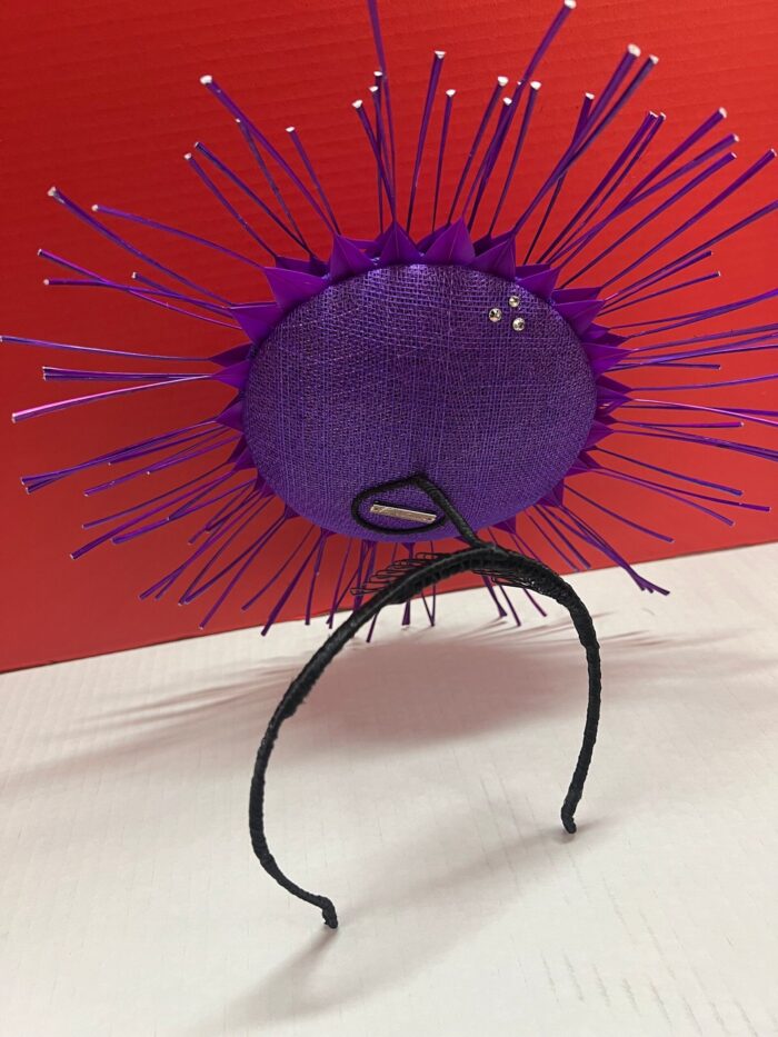 Evelyn - Purple Feather Fascinator: Royal Wedding Percher Hat with Crystal.