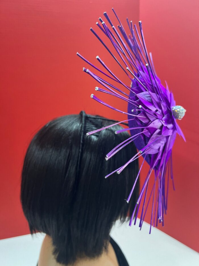 Evelyn - Purple Feather Fascinator: Royal Wedding Percher Hat with Crystal.