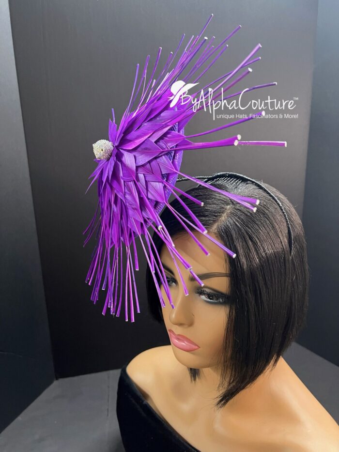Evelyn - Purple Feather Fascinator: Royal Wedding Percher Hat with Crystal.