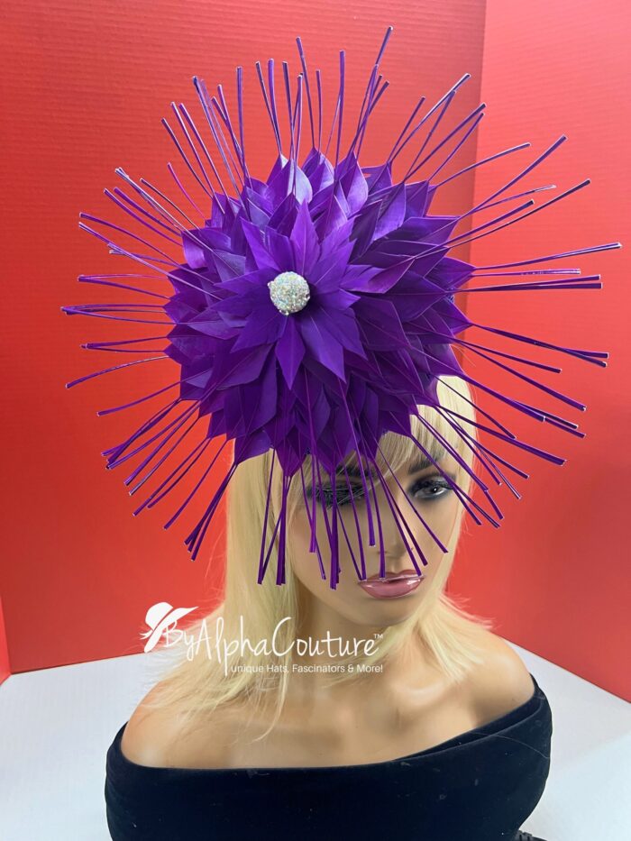Evelyn - Purple Feather Fascinator: Royal Wedding Percher Hat with Crystal.