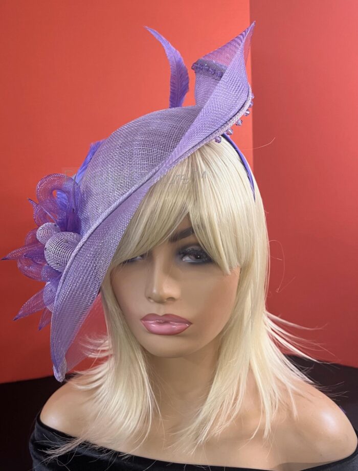 Ebezina Lilac Sinamay Wave Fascinator. Wedding Guest Headpiece