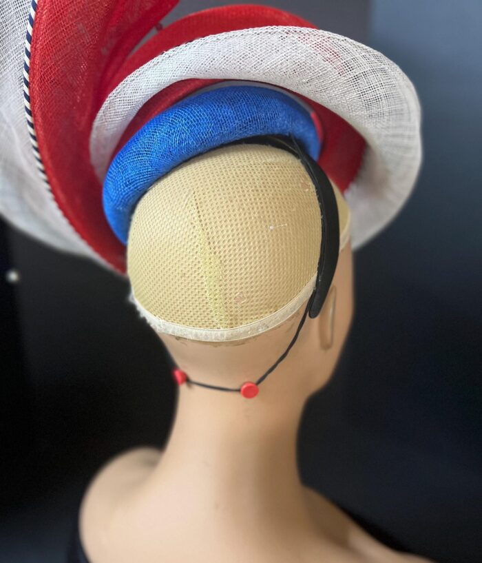 Red & Blue Feather "Crimson Skyfire" Fascinator: Swarovski Crystal Derby Hat