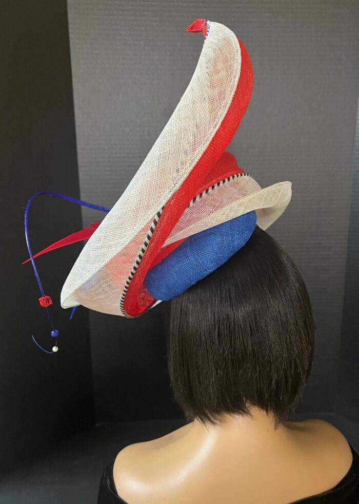 Red & Blue Feather "Crimson Skyfire" Fascinator: Swarovski Crystal Derby Hat