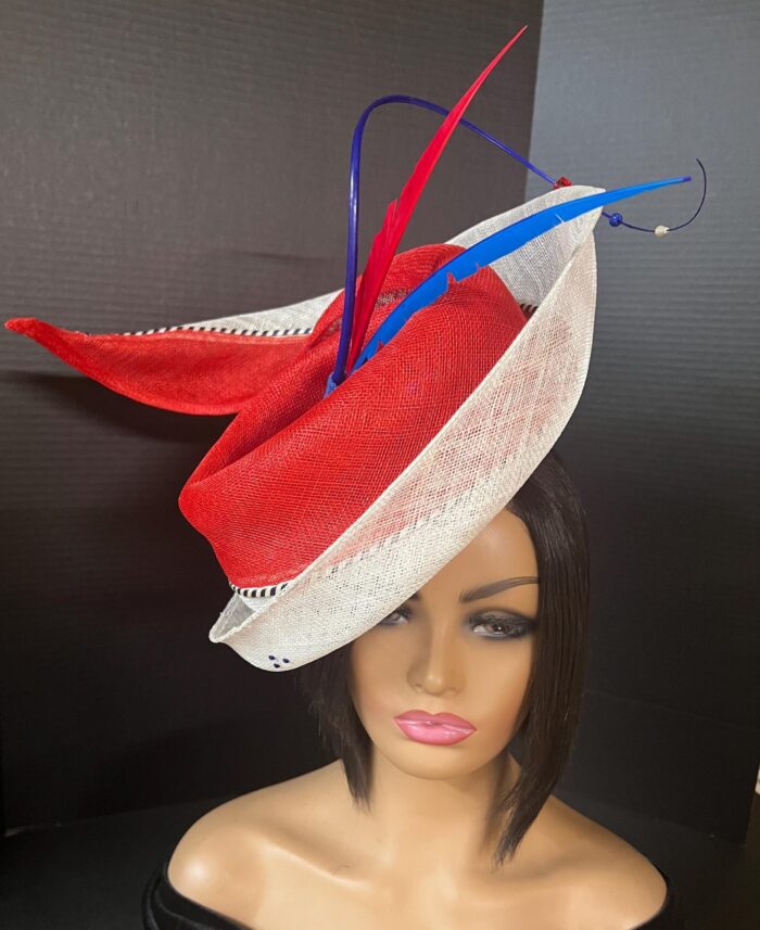 Red & Blue Feather "Crimson Skyfire" Fascinator: Swarovski Crystal Derby Hat