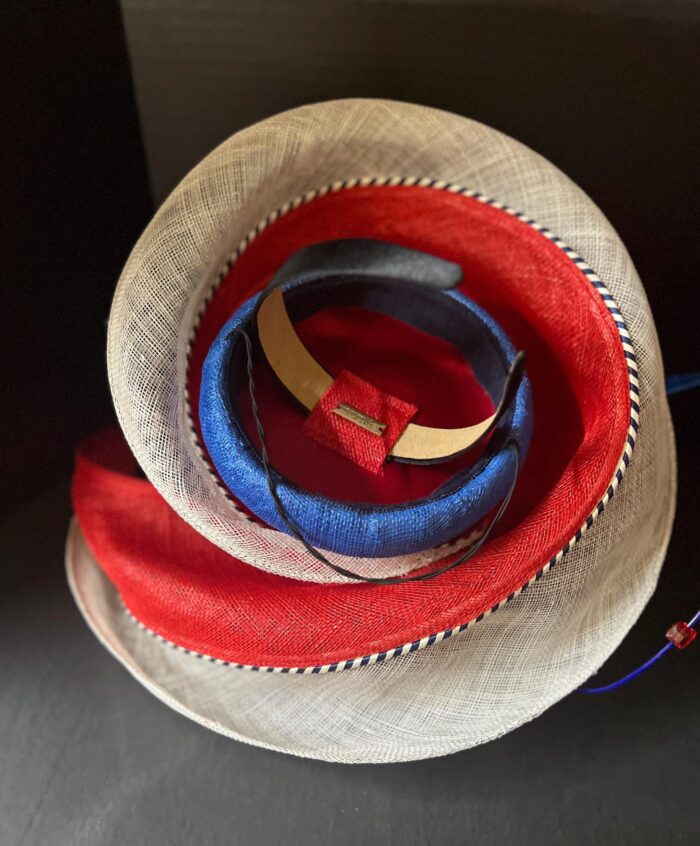 Red & Blue Feather "Crimson Skyfire" Fascinator: Swarovski Crystal Derby Hat