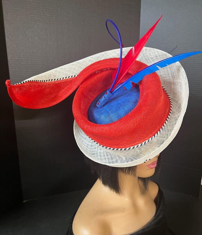 Red & Blue Feather "Crimson Skyfire" Fascinator: Swarovski Crystal Derby Hat