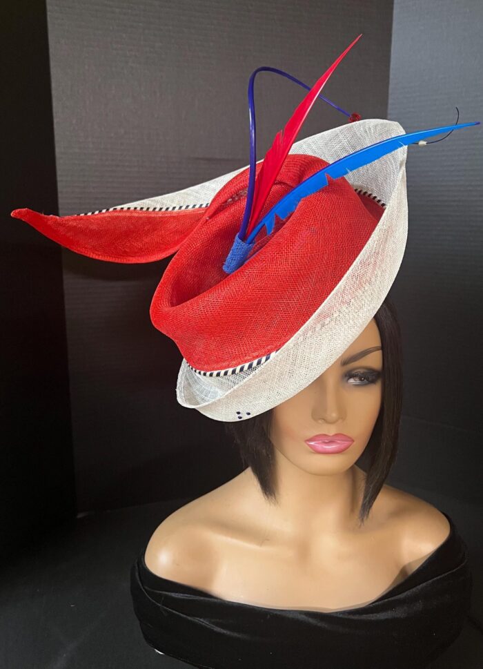 Red & Blue Feather "Crimson Skyfire" Fascinator: Swarovski Crystal Derby Hat