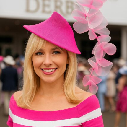 Ruffled Kentucky Derby "Rebecca" Hatinator: Handmade Teal & Pink Headpiece