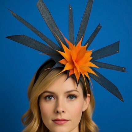 Solar Flare. Black Sinamay Fascinator Orange-Yellow Feather Headpiece - Races, Wedding.