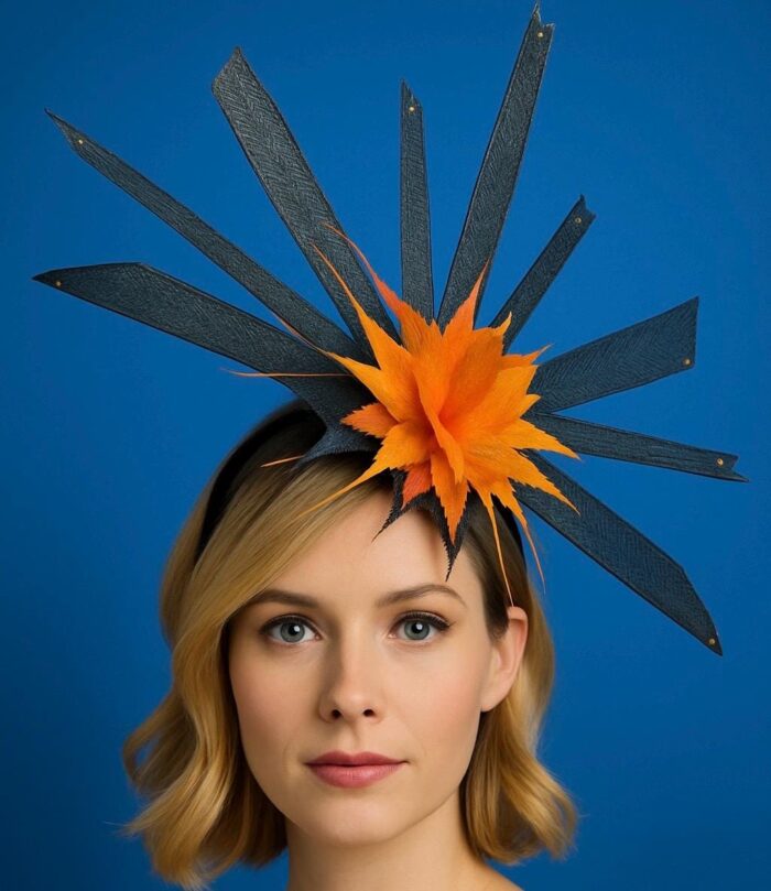 Solar Flare. Black Sinamay Fascinator Orange-Yellow Feather Headpiece - Races, Wedding.