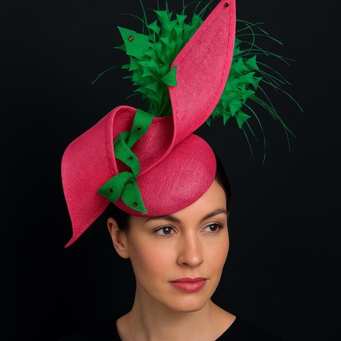 Zylah Bloom - Hot Pink Lily Fascinator: Green Feather Statement Hat - ByAlpha Couture.