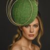 Aurora Orbit - Green Sinamay Percher Hat with Gold Wire Accents, Wedding Fascinator