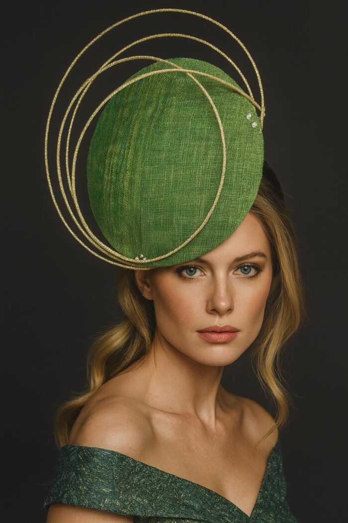 Aurora Orbit - Green Sinamay Percher Hat with Gold Wire Accents, Wedding Fascinator