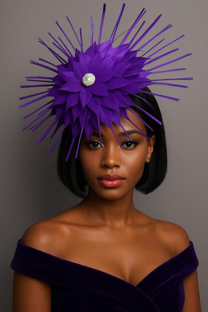Evelyn - Purple Feather Fascinator: Royal Wedding Percher Hat with Crystal.